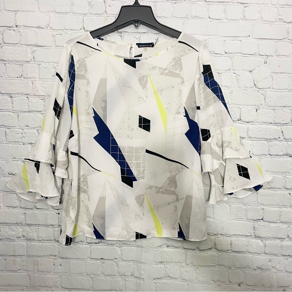 White Blue Yellow Geometric Ruffle Sleeve Blouse Large |Bell Sleeve Work Top - Picture 2 of 9